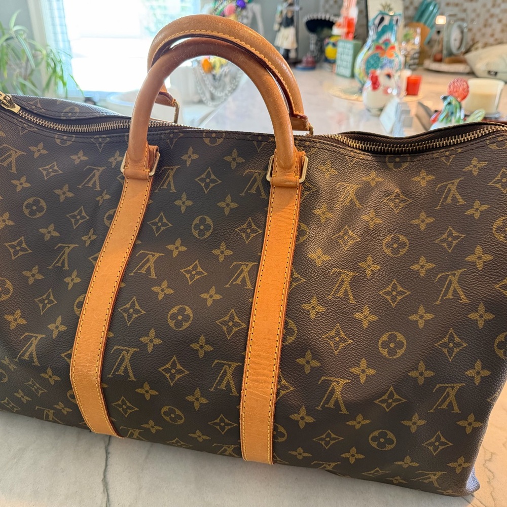Louis Vuitton Brown Monogram Canvas Duffel with Tan Leather Trim Size 50!